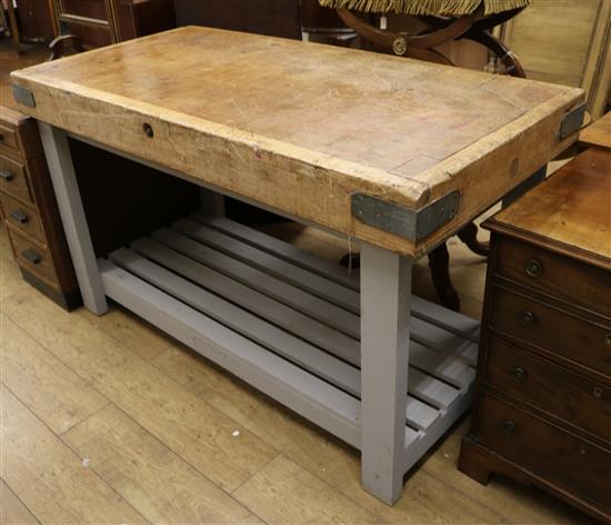A butchers block on painted stand W.151cm